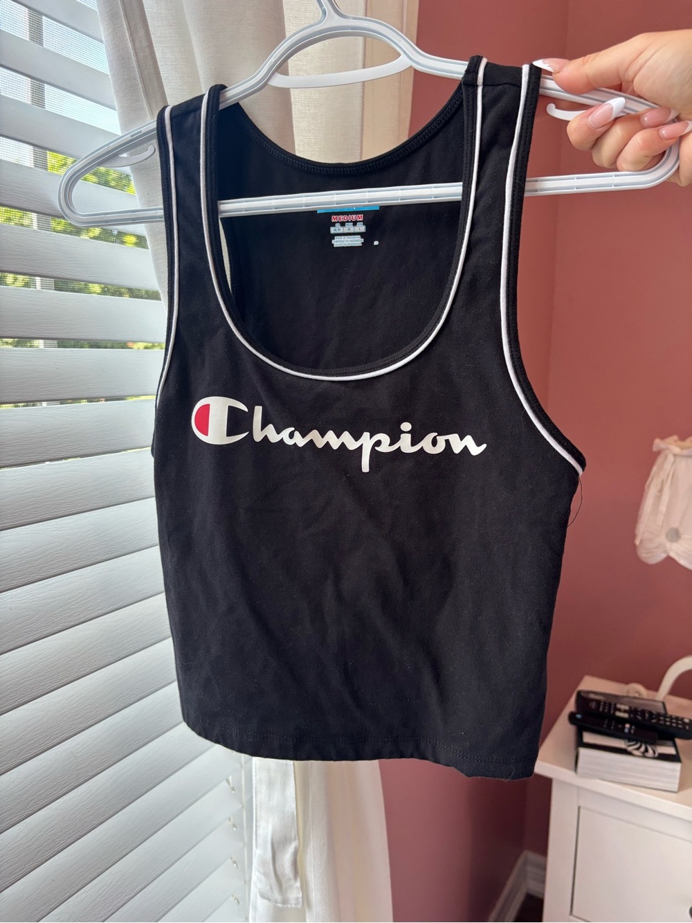 Champion Black Crop Tank with White Trim and Logo